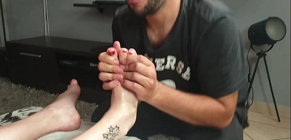  Getting my toes and feet all oiled up, rubbed and sucked